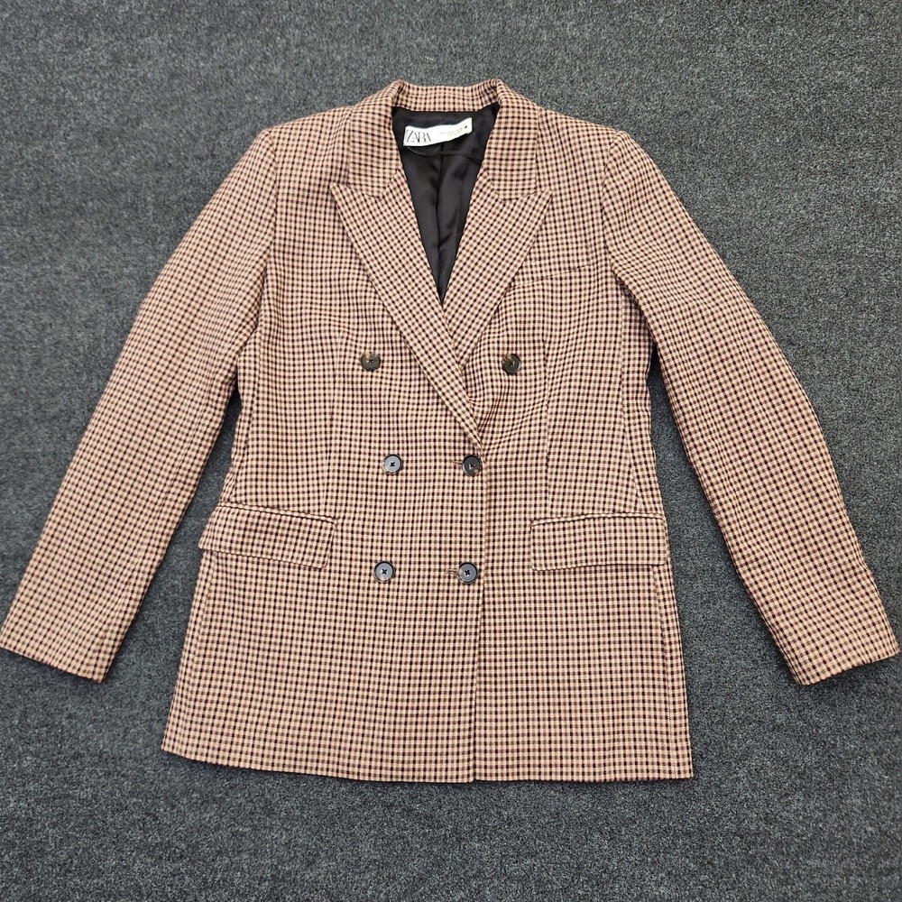 Zara Womens Small Textured Brown Check Double Breasted Blazer Jacket Academia